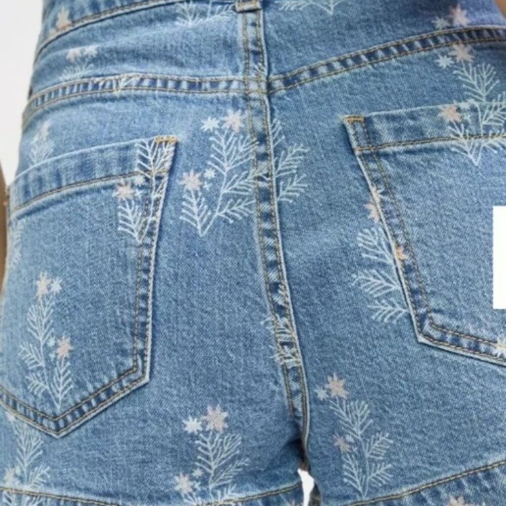 Anthropologie Blue Denim Jean Shorts with Pink Floral Print - Picture 6 of 8